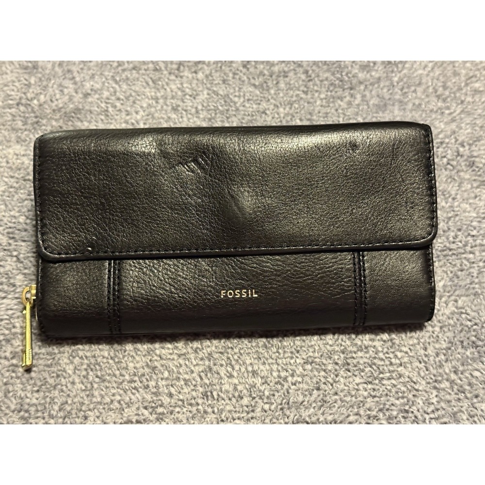 Fossil Jori RFID Flap Clutch Black Leather Wallet Purse
